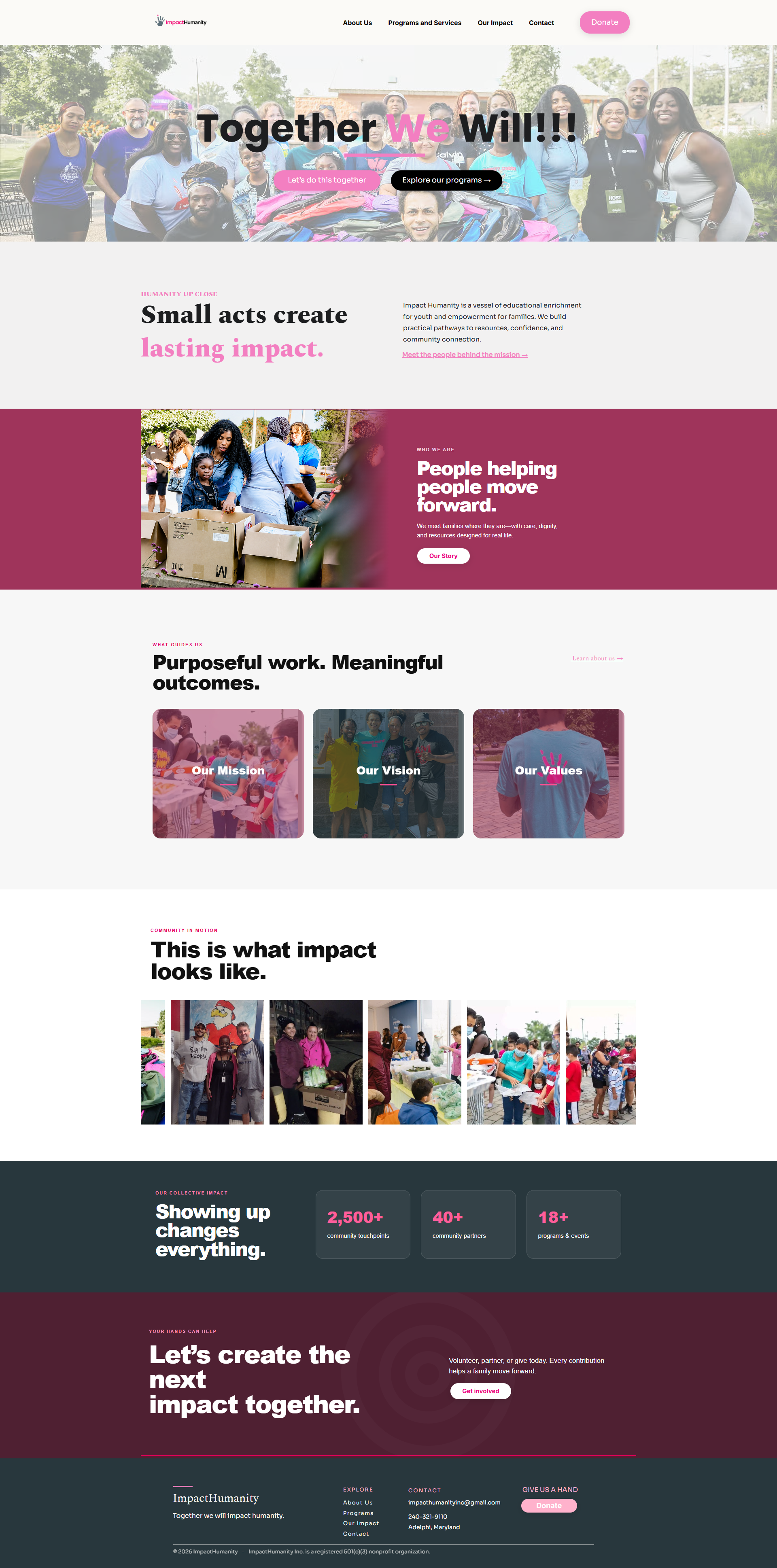 Completed Impact Humanity homepage with a community hero, mission content, impact statistics, and donation call to action