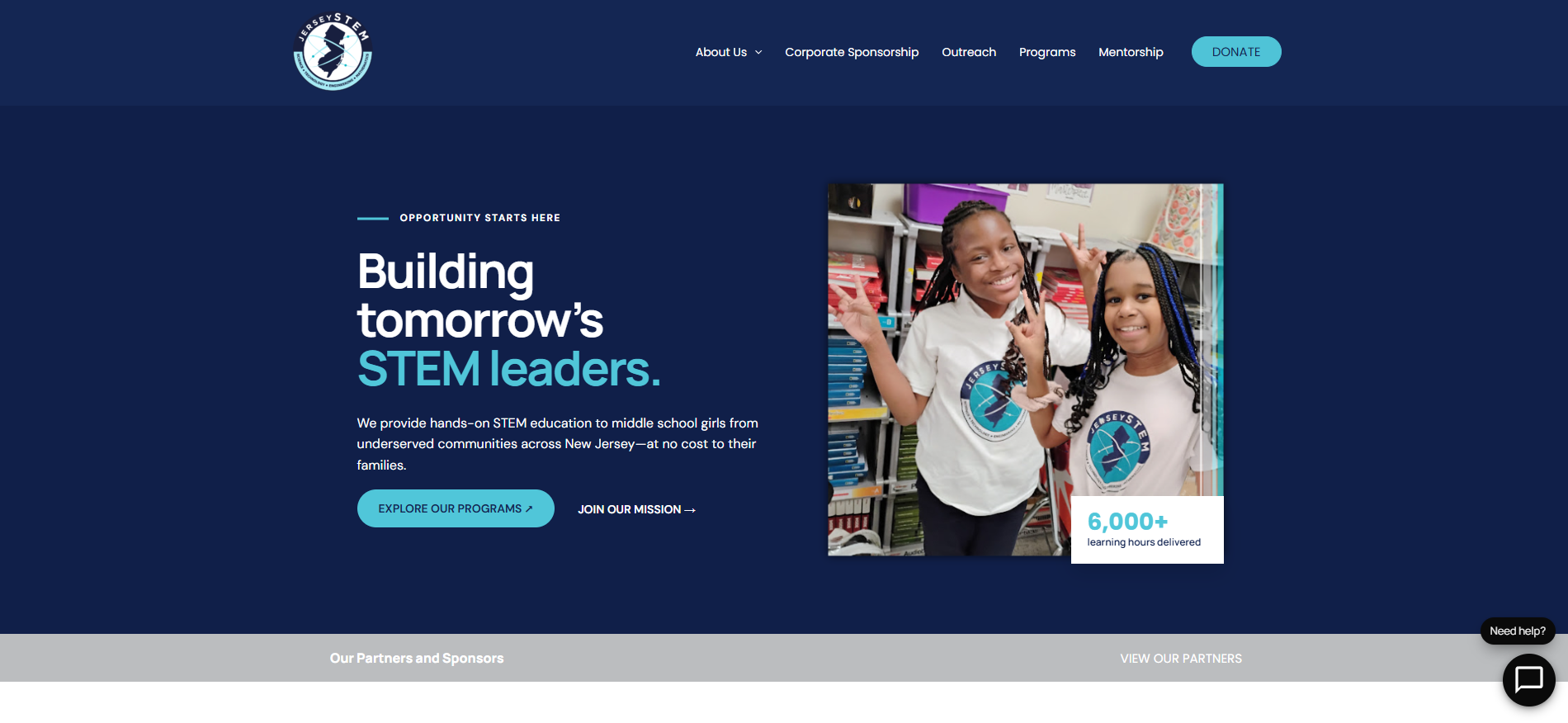 Current JerseySTEM homepage showing the Building tomorrow's STEM leaders hero and partner organizations