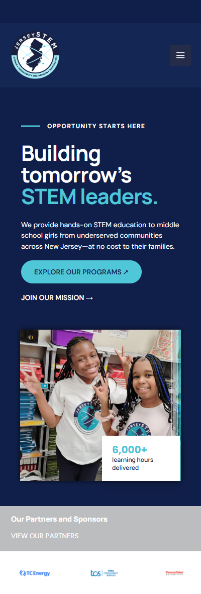 JerseySTEM homepage adapted for a mobile phone viewport