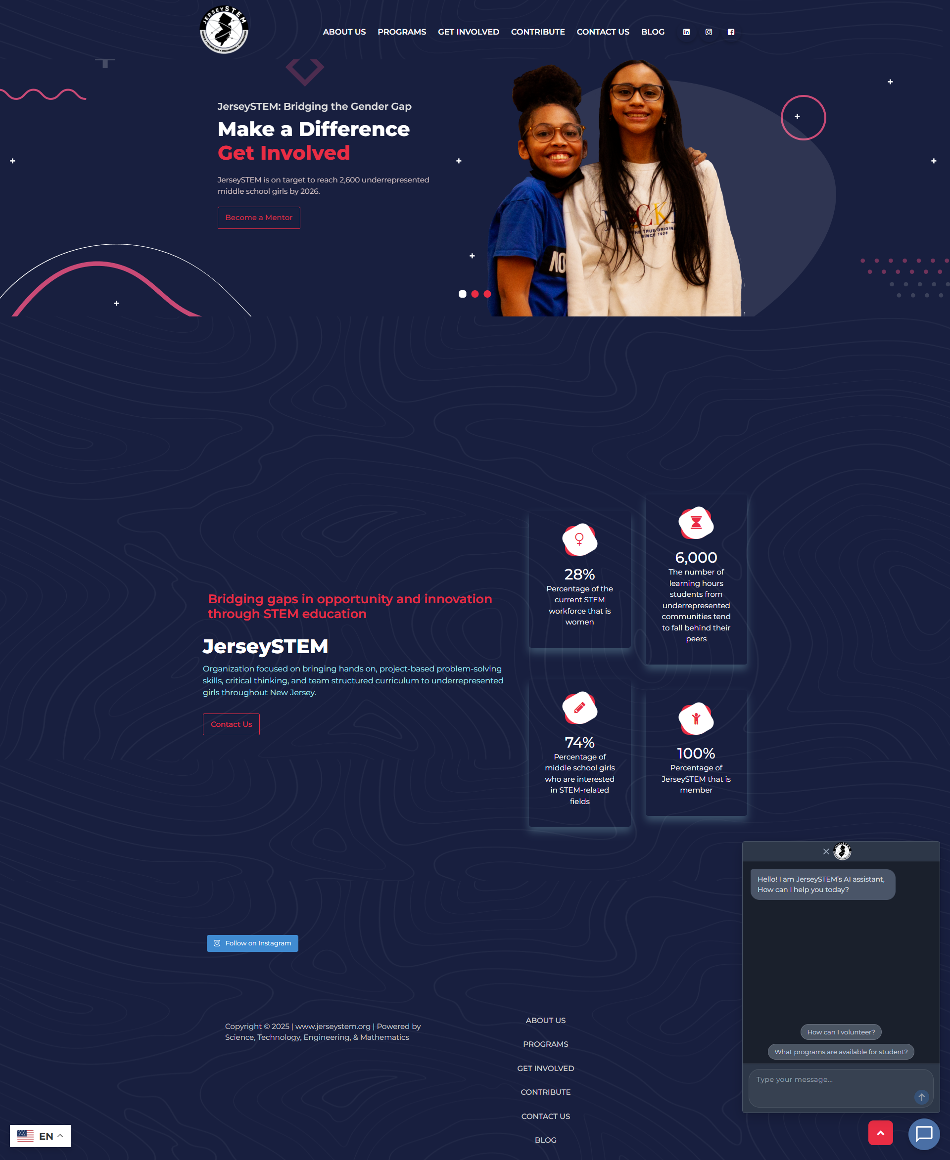 Original JerseySTEM website with a dark navy homepage, Get Involved hero, impact statistics, and navigation